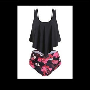 Plus Size Floral Print Ruffle Runched Tankini